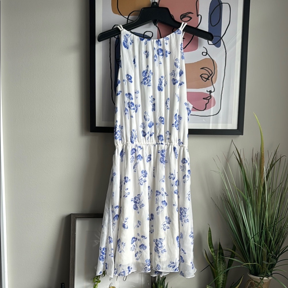 Blue and White Sleeveless Halter Midi Sundress